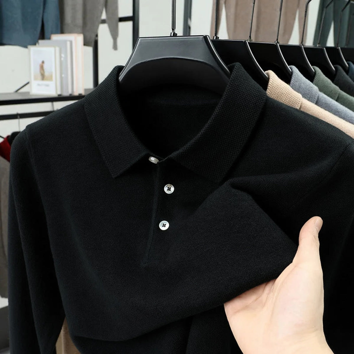 Men's soft-touch knit polo sweater in black