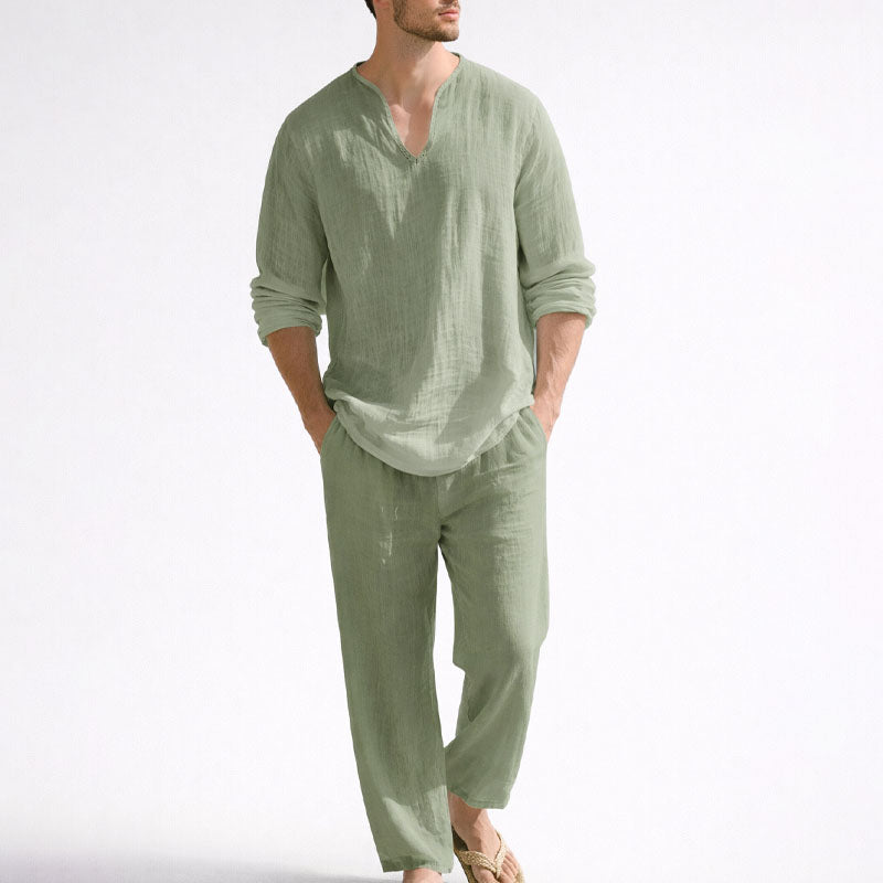 BRAIN™ | Men's Linen Blend V-Neck Shirt Trousers Set
