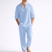 BRAIN™ | Men's Linen Blend V-Neck Shirt Trousers Set