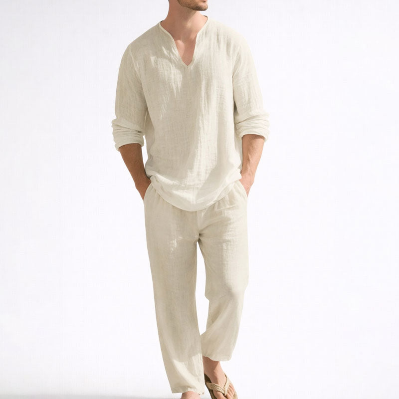 BRAIN™ | Men's Linen Blend V-Neck Shirt Trousers Set