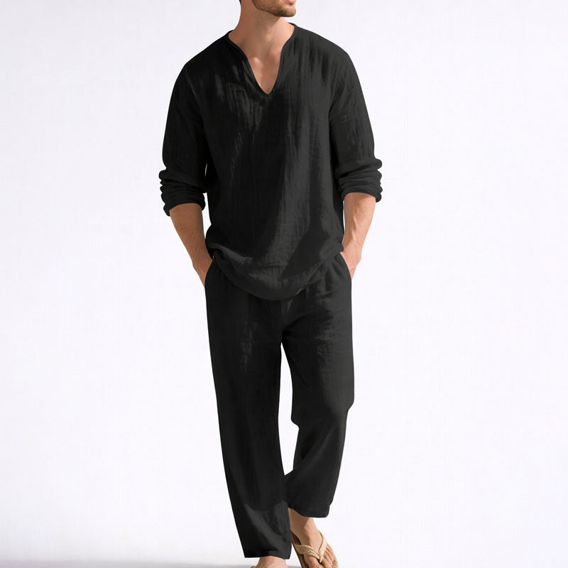 BRAIN™ | Men's Linen Blend V-Neck Shirt Trousers Set