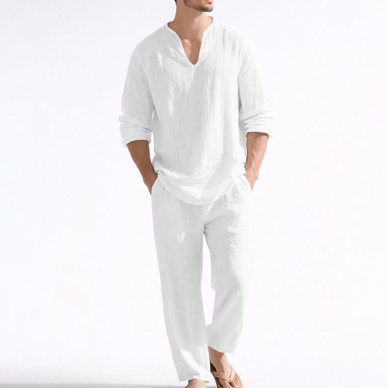 BRAIN™ | Men's Linen Blend V-Neck Shirt Trousers Set