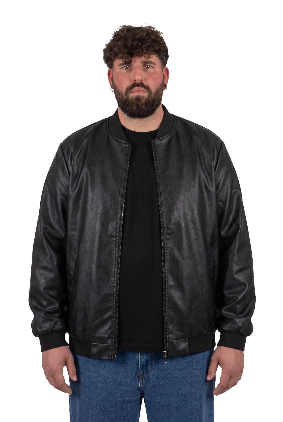 BRIAN™ | Black Faux Leather Cobain Bomber Jacket for Men in Plus Sizes