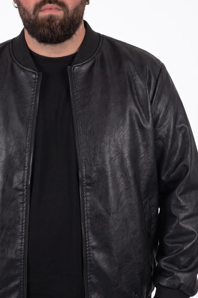 BRIAN™ | Black Faux Leather Cobain Bomber Jacket for Men in Plus Sizes
