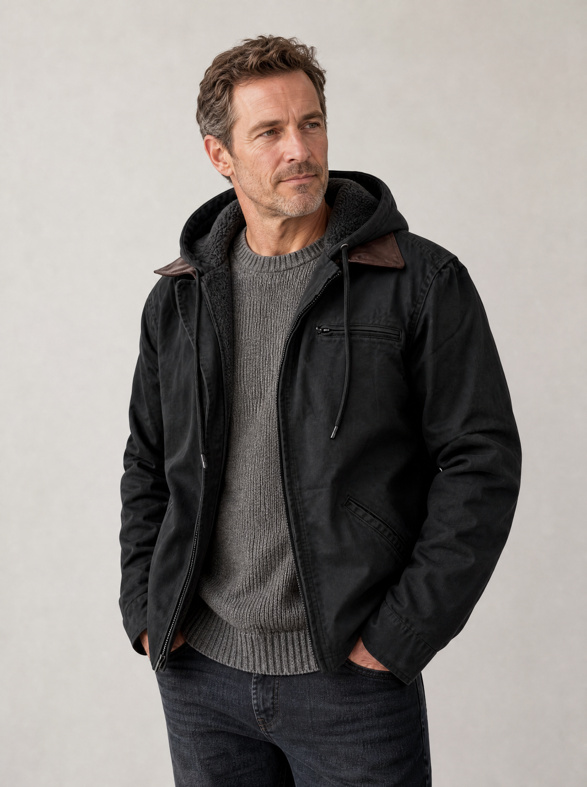 Canvas Fleece-Lined Hooded Jacket in Black
