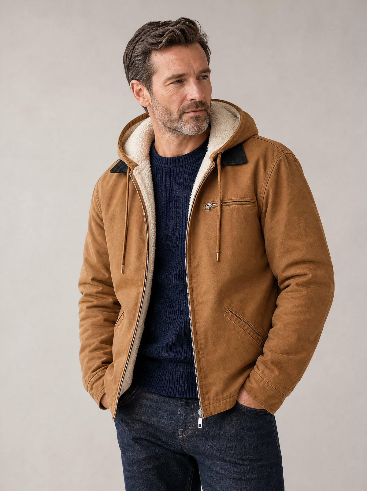 Canvas Fleece-Lined Hooded Jacket in Camel