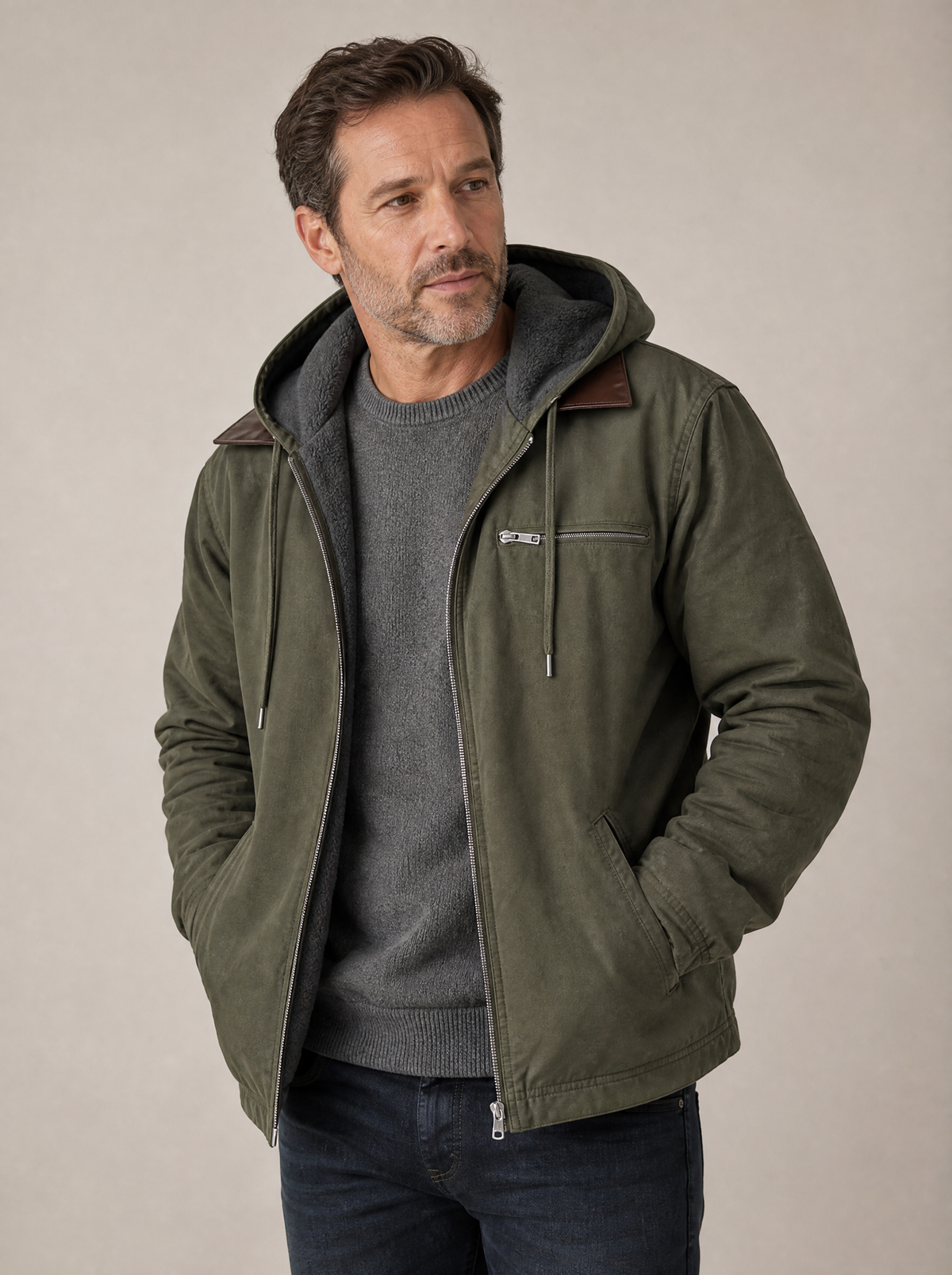 Canvas Fleece-Lined Hooded Jacket in Green