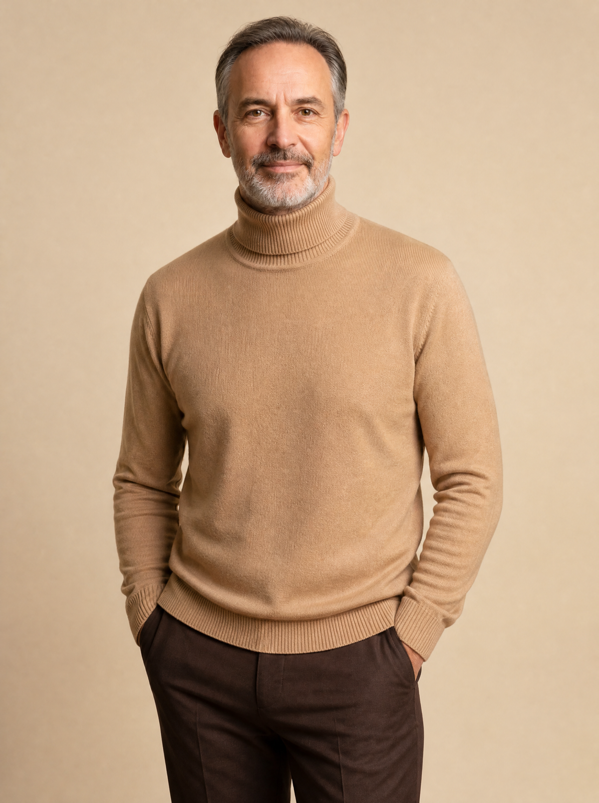 Riviera Fine-Knit Turtleneck in Beige