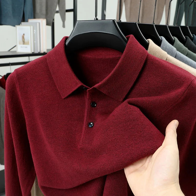 Men's soft-touch knit polo sweater in burgundy