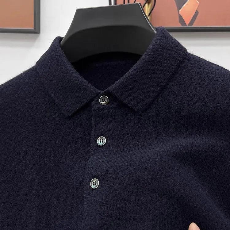 Men's soft-touch knit polo sweater in navy