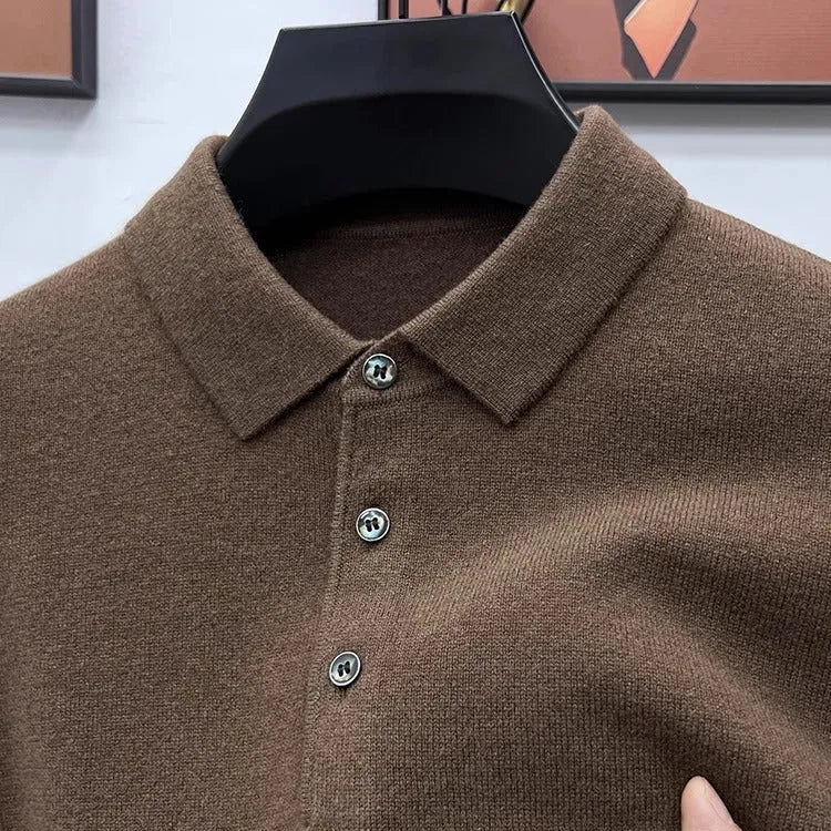 Men's soft-touch knit polo sweater in coffee