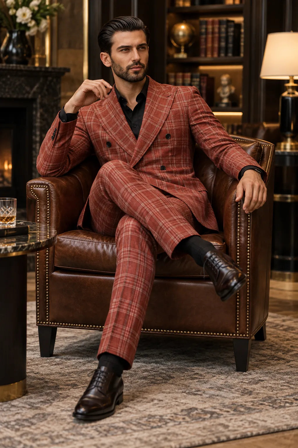 BRIAN™ | Men's Rust Brown Plaid Double-Breasted 2-Piece Suit