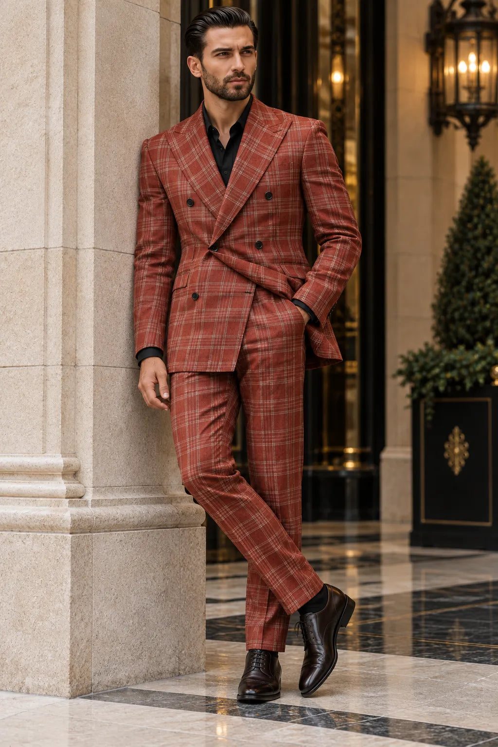 BRIAN™ | Men's Rust Brown Plaid Double-Breasted 2-Piece Suit
